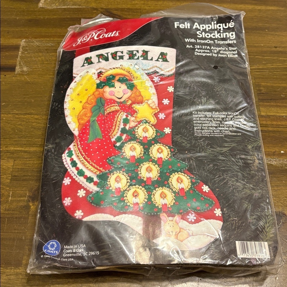 New 1998 J P Coats NOS Felt Applique Angel Tree Star Rabbit Sequin Stocking Kit